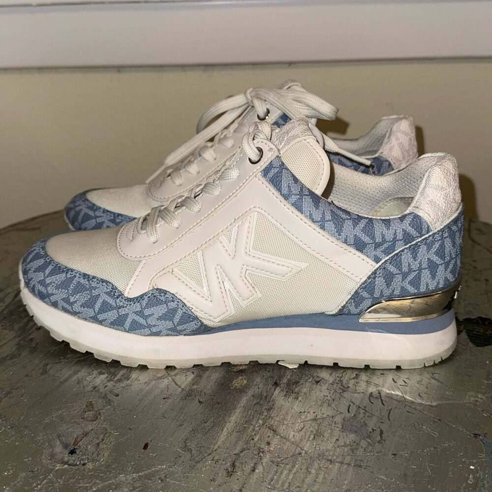Michael Kors Billie Trainer Sneakers Blue White Logo Print Size 6M